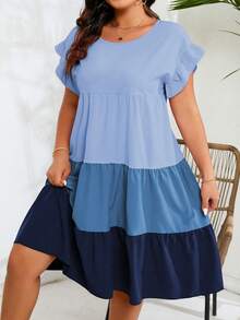 Breezaya Plus Size Color Block Ruffle Hem Round Neck Short Sleeve Dress - Blue - View 5