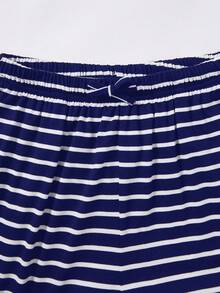 SHEIN Teen Girls Summer New Knit Striped Casual Loose Short Sleeve T-Shirt And Pants Set - Navy Blue - View 3