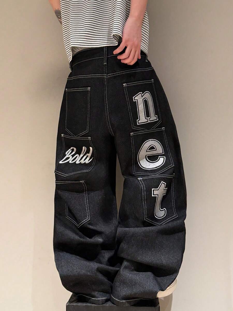 Streetwear Retro Fashion Serbaguna dengan Detail Usang, Pinggang Dicuci, Kancing, Banyak Saku, Bordir Huruf, Desain Longgar, Lurus, Kaki Lebar, Jeans Denim Kasual (Sabuk dan Aksesoris Tidak Termasuk) - Hitam - View 1