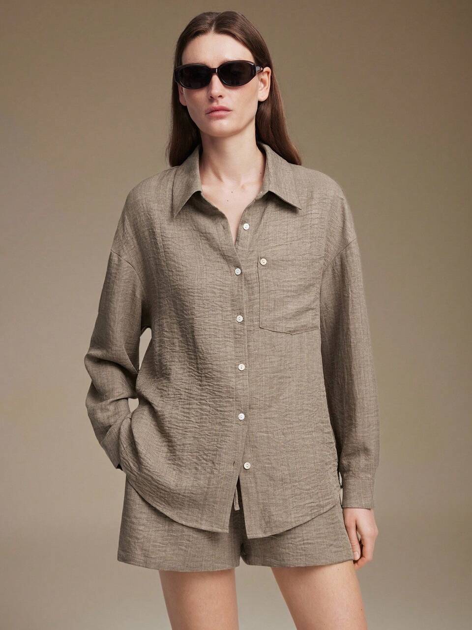 Women's Khaki Brown Comfortable Fabric Fitted Shirt With Lapel Collar, Dropped Shoulders, Long Sleeves, Metal Button Decor, Elastic Waist, A-Line Short Top With Pockets, All-Season Versatile Modern Urban Fashion Business Casual Office Wear, Low-Key Old Money Style Elegant High-End Commute High-Quality Airport Outfit Vacation Wear, Neutral Minimalist Theme Design Women's 2 Pieces Set
