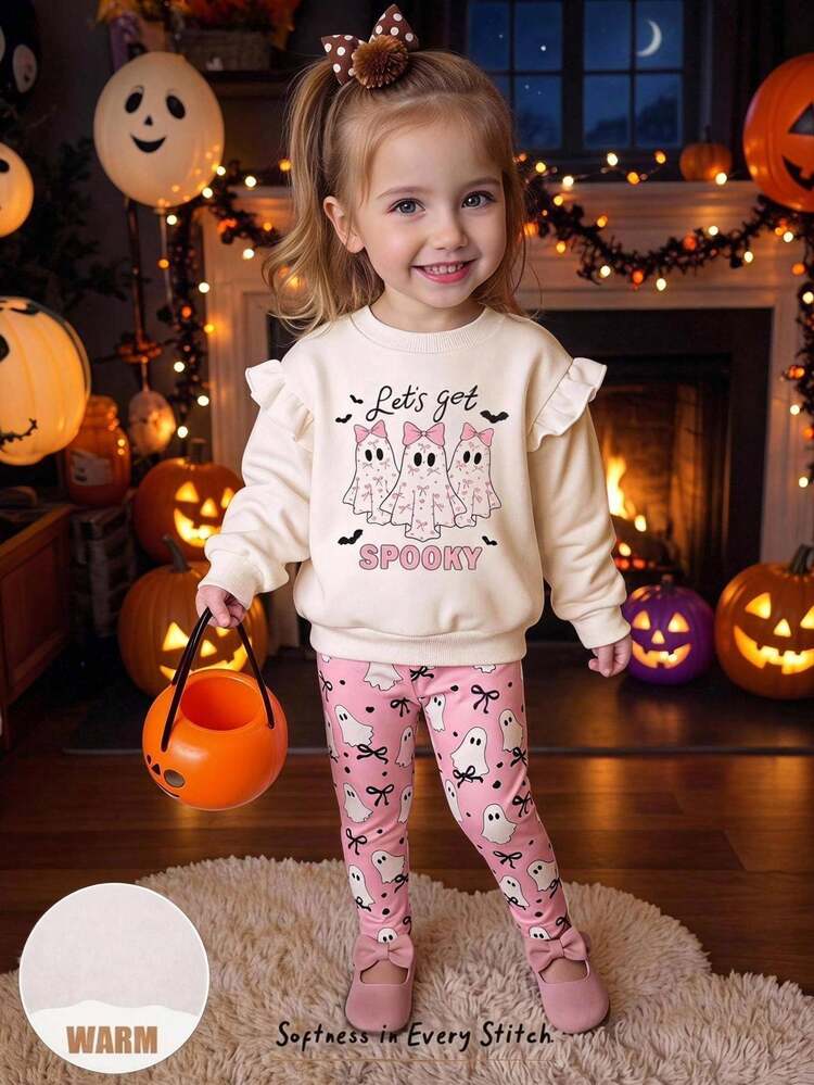 Cozy Pixies Baby Girl Toddler Girl Halloween Little Ghost Pattern Knitted Soft Crew Neck Long Sleeve Ruffle Flutter Sleeve Pullover Sweatshirt Elastic Waist Long Pants 2-Piece Set Cute Outfit For Outings, Holidays, Parties And Multiple Occasions - Multicolor - View 1