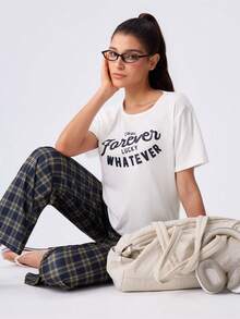 Loungeista 女款格紋睡衣套裝，時尚舒適休閒字母印花短袖長褲睡衣套裝 - 彩色 - 查看 8