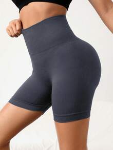 Easithlete Easithlete Solid Color High Waist Seamless High Elasticity Sports Shorts - Iron Gray - View 3
