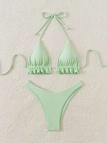 Swim Mod Women Solid Color Bikini Set With Ruffled Straps And Sexy Bandeau Top, Wireless, Summer Beach - Mint Green - View 3