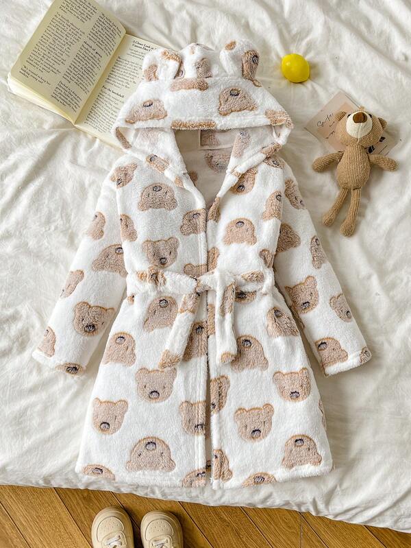 SHEIN Young Girl Knitted Embroidered Plush Casual Hooded Cardigan Loungewear For Young Girl