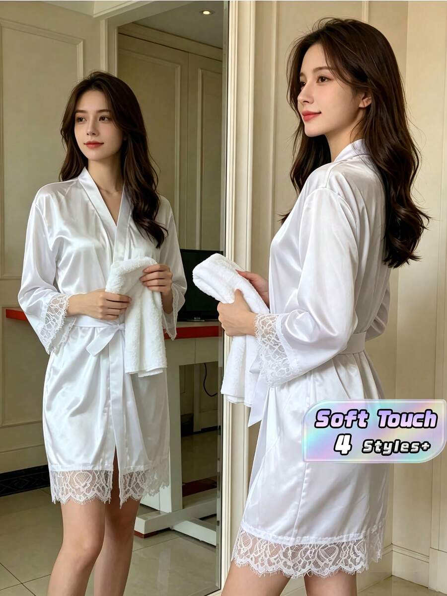 Ice Silk Satin Lace Robe, V Neck Belted Kimono Robe, Lightweight Breathable Loungewear Bathrobe, With Matching Panties - White - View 1
