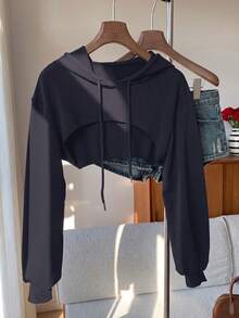 SHEIN EZwear 抽繩設計超短版休閒衛衣，黑白配色，秋冬長袖上衣，海軍藍女款衛衣 - 藏蓝色 - 查看 3