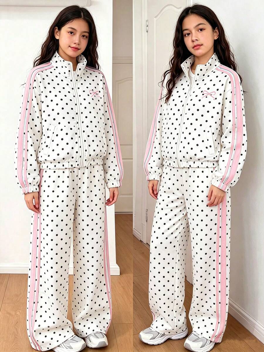 SHEIN Genkimix Kids 2件組大女孩學院風街頭休閒運動套裝 春季波點印花條紋拉鍊外套＋寬腿運動褲