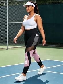 CourtClass CourtClass Plus Size Printed Mesh Patchwork Yoga Sports Leggings - Black - View 5