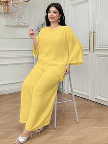 Dazy Plus 春夏寬鬆襯衫上衣與寬腿飄逸長褲白色套裝 大尺碼女款 春夏秋新款 2件式穿搭 - 薑色 - 查看 3