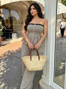 Dazy Plus Plus Size Contrast Color Ruffle Hem Bandeau Top And Wide Leg Pants Sweet 2 Pieces Set Lounge Sets For Women Vacation - Grey - View 10