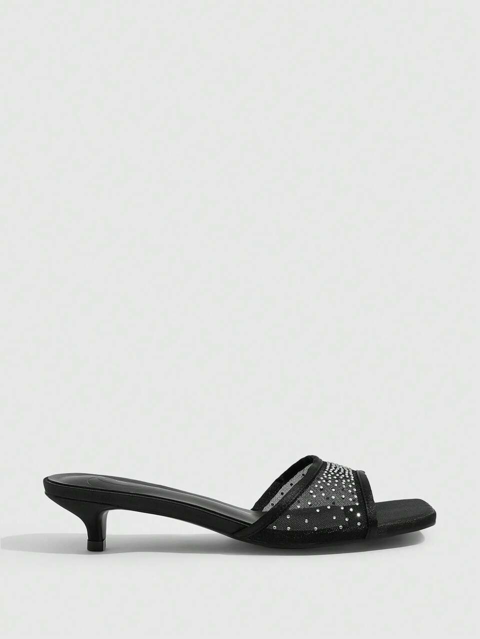 CUCCOO SZL Ladies Black Satin Square Toe Fashion Daily Travel Casual Versatile Thin Heel Rhinestone Slippers Kitten Heels