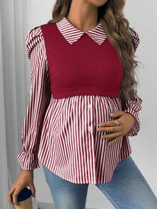 SHEIN 女款條紋拼接 2 合 1 哺乳休閒日常上衣 - 紅白色 - 查看 3