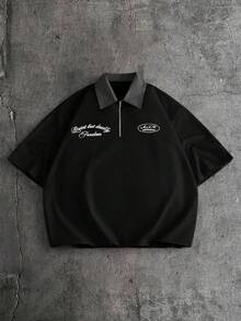 AXEPEAK 男士休閒刺繡拉鍊半開襟短袖 Polo 衫 - 黑色 - 查看 5