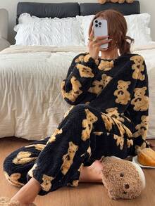 Napfluff Women's Cute Casual Bear Pattern Thick Double-Sided Fleece Loungewear 2 Pieces Set, Autumn/Winter Long Sleeve Round Neck Top And Pants Fleece 2 Pieces Set - Multicolor - View 5