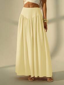 SHEIN Tall Women's Solid Color Pleated Casual Modest Versatile Daily Wear Skirt Beach Cream Autumn - Light Yellow - View 4