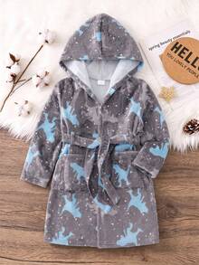 SHEIN 小男孩秋冬恐龍印花長袖連帽雙面法蘭絨居家睡袍 - 彩色 - 查看 5