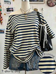 Lalippa Women's Loose Casual Asymmetrical Shoulder Striped Colorblock T-Shirt - Multicolor - View 1