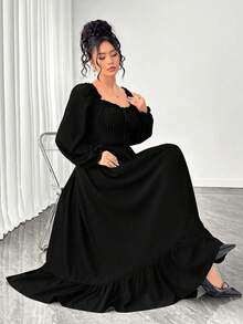 Elenzga Gaun Wanita Ukuran Plus Warna Hitam Polos Musim Semi/Gugur, Leher Persegi, Ruffle Elegan, Lengan Panjang Mengembang, Mempertegas Pinggang, Model A-Line, Belahan Bawah dengan Patchwork Ruffle, Cocok untuk Tamu Pernikahan, Wisuda, Liburan Pantai - Hitam - View 5
