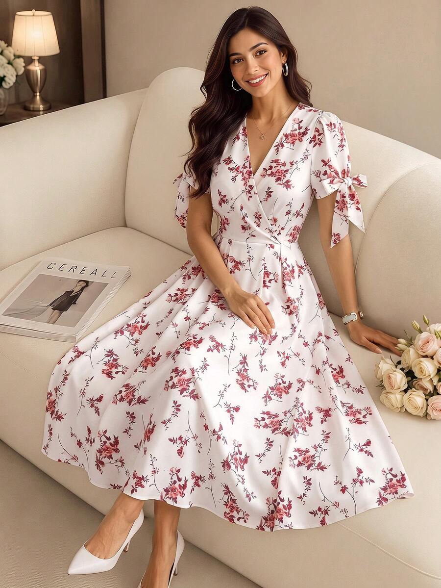 GlowEve 女款白色碎花夏季優雅婚禮賓客小碎花V領繫帶收腰A字裙，度假通勤時尚法式復古中長洋裝 - 彩色 - 查看 1