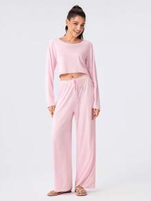Loungeista 2pcs/Set Women's Round Neck Lace Patchwork Long Sleeve Top + Elastic Waist Long Pants Cute Loungewear Set - Pink - View 4