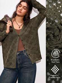 Nubod Fashionable New Army Green Hollow Design Knit Cardigan Women's Autumn Lightweight Outerwear V-Neck Plus Size Cardigan Formal Vacation Casual Bohemian - Army Green - View 1
