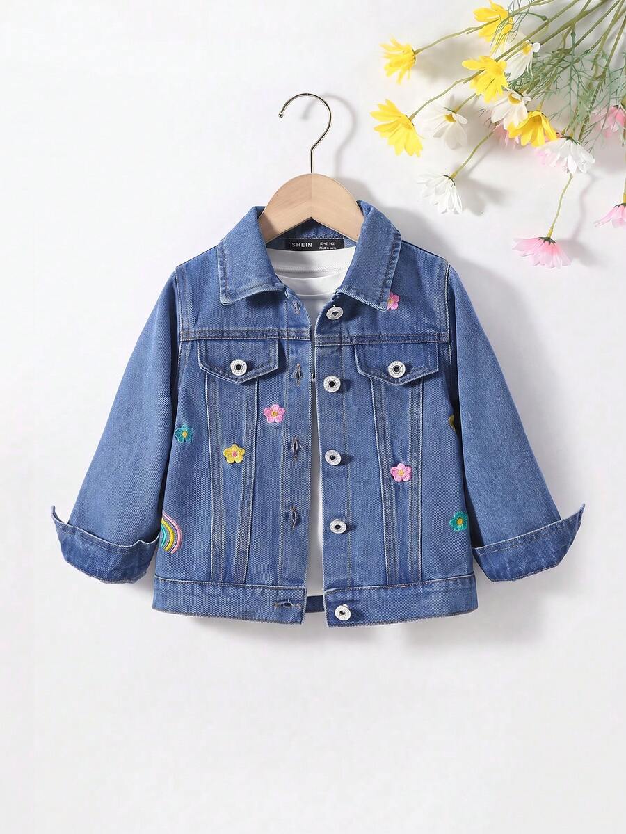 SHEIN Vintaside Kids 女小童花卉刺繡牛仔夾克不帶T恤 - 深色水洗藍 - 查看 1
