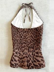 IslaSuriya Top de verano vintage con estampado de leopardo y cuello halter, top para mujer con decoración de strass y remaches de metal - Multicolor - Ver 2