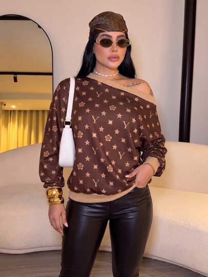 SOLERSUN sweat-shirt femme marron chocolat à imprimé géométrique, asymétrique, épaules dénudées, coupe décontractée avec bordure côtelée