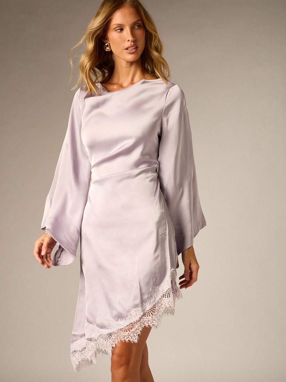 AiiRZ Satin Mini Dress With Bell Sleeves And Lace Trim