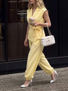 Airaco Women's Solid Color Pleated Top And Pants Casual Daily Set - Yellow - View 4