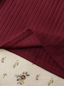 Teen Girl Summer New Slim Fit Flattering Versatile Burgundy Ribbed Knit Round Neck Button Short Sleeve Top - Burgundy - View 5
