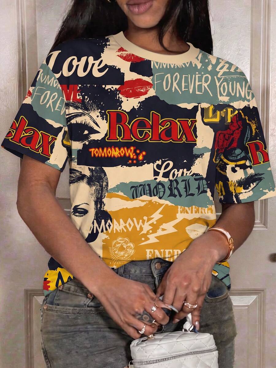 Slaydiva Plus Size Women's Letter Print Casual Versatile Daily Short Sleeve T-Shirt - Multicolor - View 1