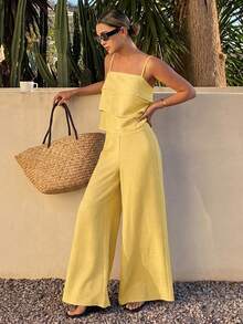 Livesso Women's 2 Pieces Summer Holiday Set With Yellow Ruffle Camisole Top And Casual Long Pants Thin Clothing - Yellow - View 7