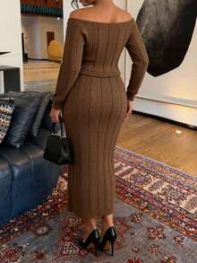 Modelyn Plus Size Solid Color Off Shoulder Sweater Knit Skirt Set - Brown - View 2