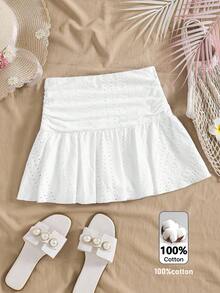 SHEIN Tween Girl Solid Color Fitted Casual Ruched Knit Skirt - White - View 6