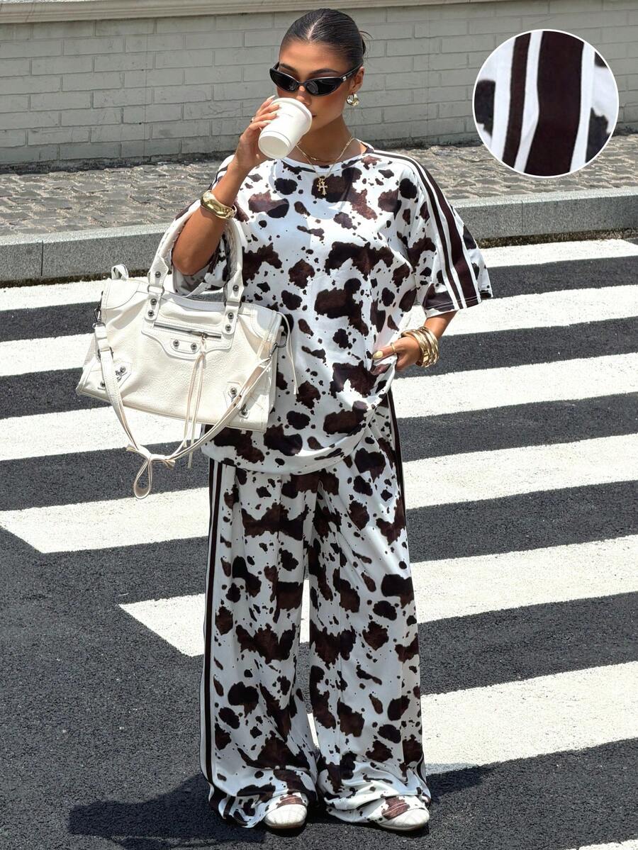 Muchica 女款牛紋拼色白色條紋休閒街頭牛仔女度假風 Y2K 居家服套裝,長袖上衣搭配寬腿長褲,可愛街頭風穿搭 - 彩色 - 查看 1
