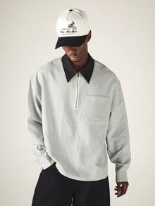SUMWON Oversized Long Sleeve Striped Rugby Polo Shirt With Half Zip Collar And Chest Pocket Casual Pullover Top - Black and White - View 4