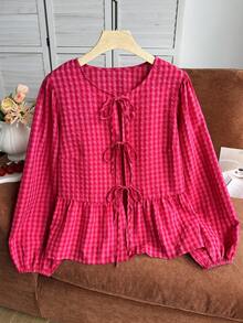 Comfortcana Plus Size Plaid Minimalist Tie-Front Ruffle Hem Blouse Fall - Watermelon Pink - View 1