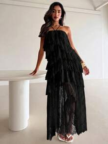 Aloruh Vestido de vacaciones para mujer con volantes multicapa, encaje y cuello halter - Negro - Ver 5
