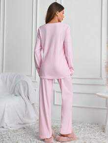 SHEIN Women 2pcs Pink Rib Knit& Fleece Eyelash Embroidery Long Sleeve Shirt & Long Pants Pajama Set - Baby Pink - View 3