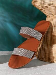 SHUZIA Women's Glamorous Open Toe Twin Crystal Band Slide Sandals - Silver - View 7