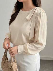 Dazy Plus Solid Color Fitted Round Neck Long Sleeve Bow Elegant Formal Spring Autumn Blouse - Baby Pink - View 1