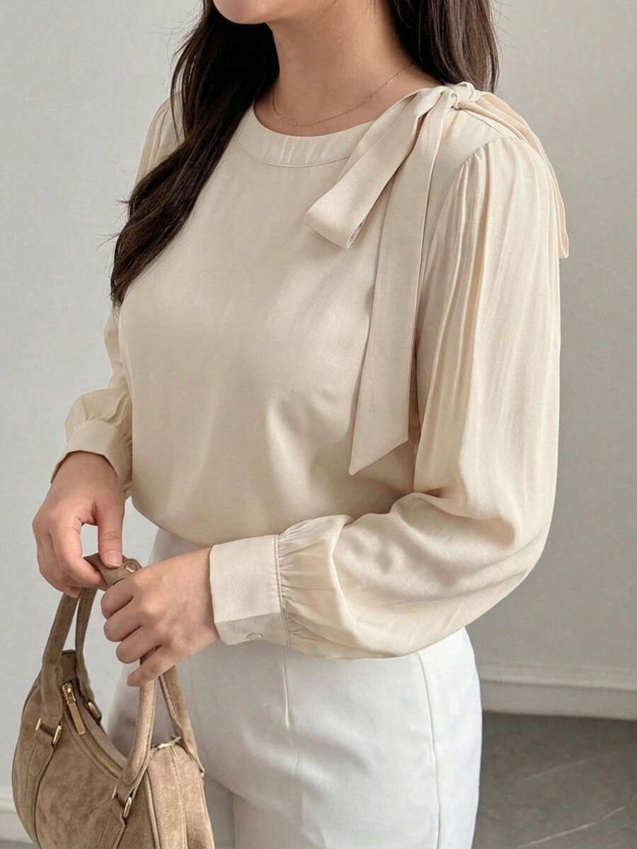 Dazy Plus Solid Color Fitted Round Neck Long Sleeve Bow Elegant Formal Spring Autumn Blouse - Baby Pink - View 1