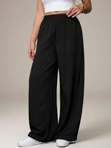 SHEIN Tall Women's Casual Wave Textured Pants, Suitable For Autumn - Black - View 2