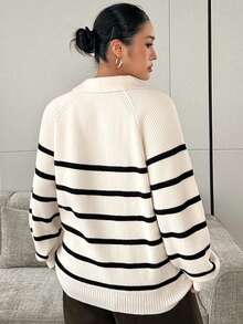 Dazy Plus Colorblock Striped Half-Button Front Loose Long Sleeve Pullover Sweater, Casual Autumn/Winter - Apricot - View 2