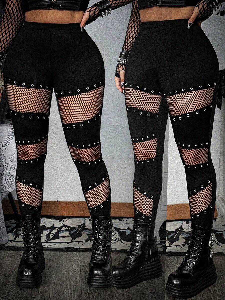 Whyspr Grunge Punk Darkwear Party Plus Size Punk Style Mesh Patchwork Grommet Leggings