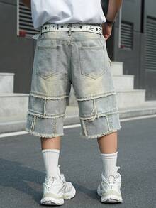 Manfinity EMRG Men's Street Style Casual Multi-Pocket Patchwork Raw Hem Blue Plus Size Cargo Denim Shorts - Light Wash - View 2