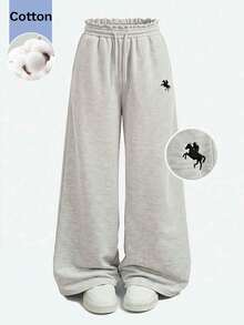 SHEIN Tween Girl Knight Embroidery Drawstring Waist Loose Casual Sweatpants - Grey - View 3