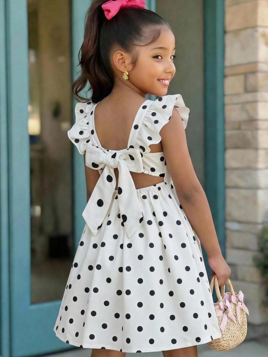 Cozy Pixies Young Girl Cute Vacation Polka Dot Print Dress - Black and White - View 1
